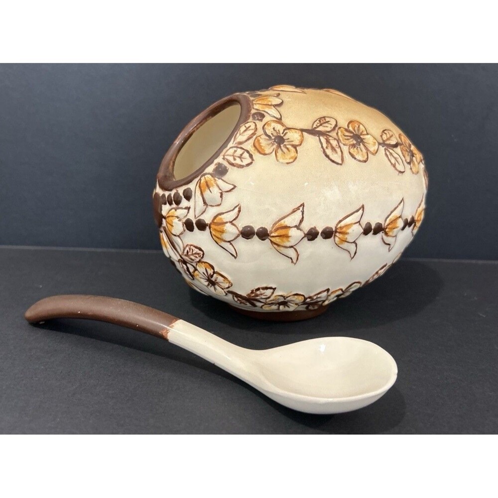 Vintage Studio Pottery Sugar Bowl Spoon Hand Painted Floral Stoneware Boho